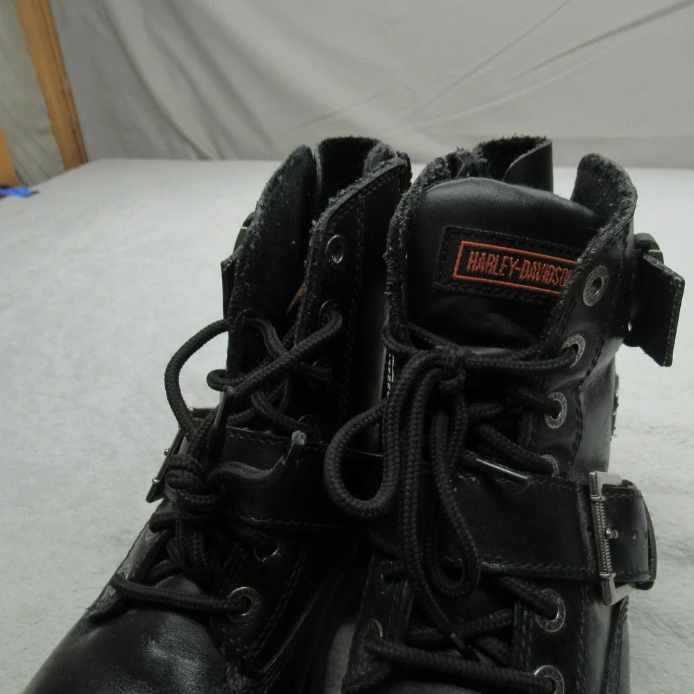 Harley Davidson Men 7.5 Moto Boots Black Leather Buckle Side Zip Lug Sole Travel